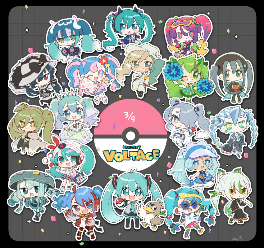 6+girls, aqua_hair, black_border, black_hair, blonde_hair, blue_hair, border, bug_miku_(project_voltage)
