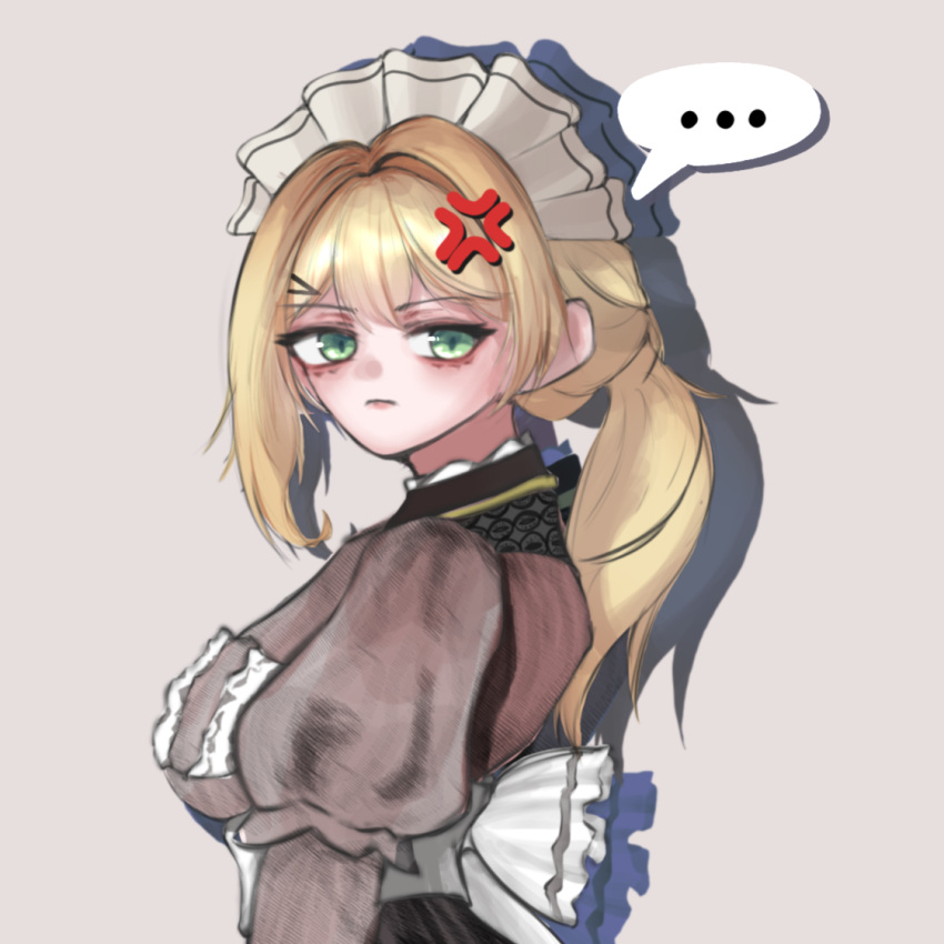 ..., 1girl, anger_vein, annoyed, black_dress, blonde_hair, breasts, dress