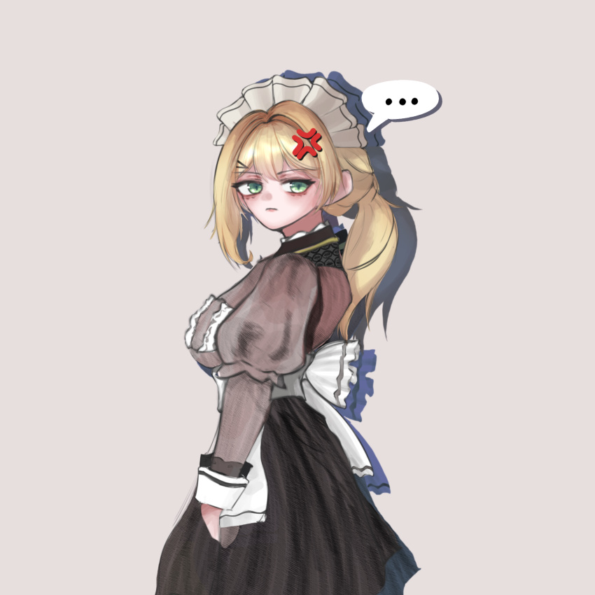 ..., 1girl, anger_vein, annoyed, black_dress, blonde_hair, breasts, dress