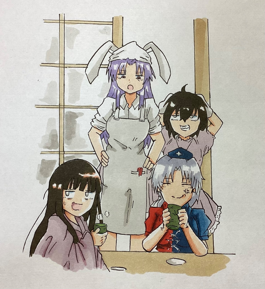 4girls, anger_vein, angry, animal_ears, apron, arms_up, blue_dress, brown_hair
