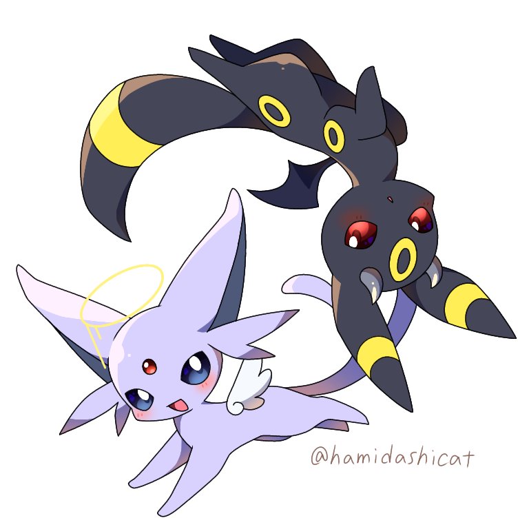angel_wings, animal_focus, blue_eyes, blush, commentary_request, demon_horns, demon_wings, espeon