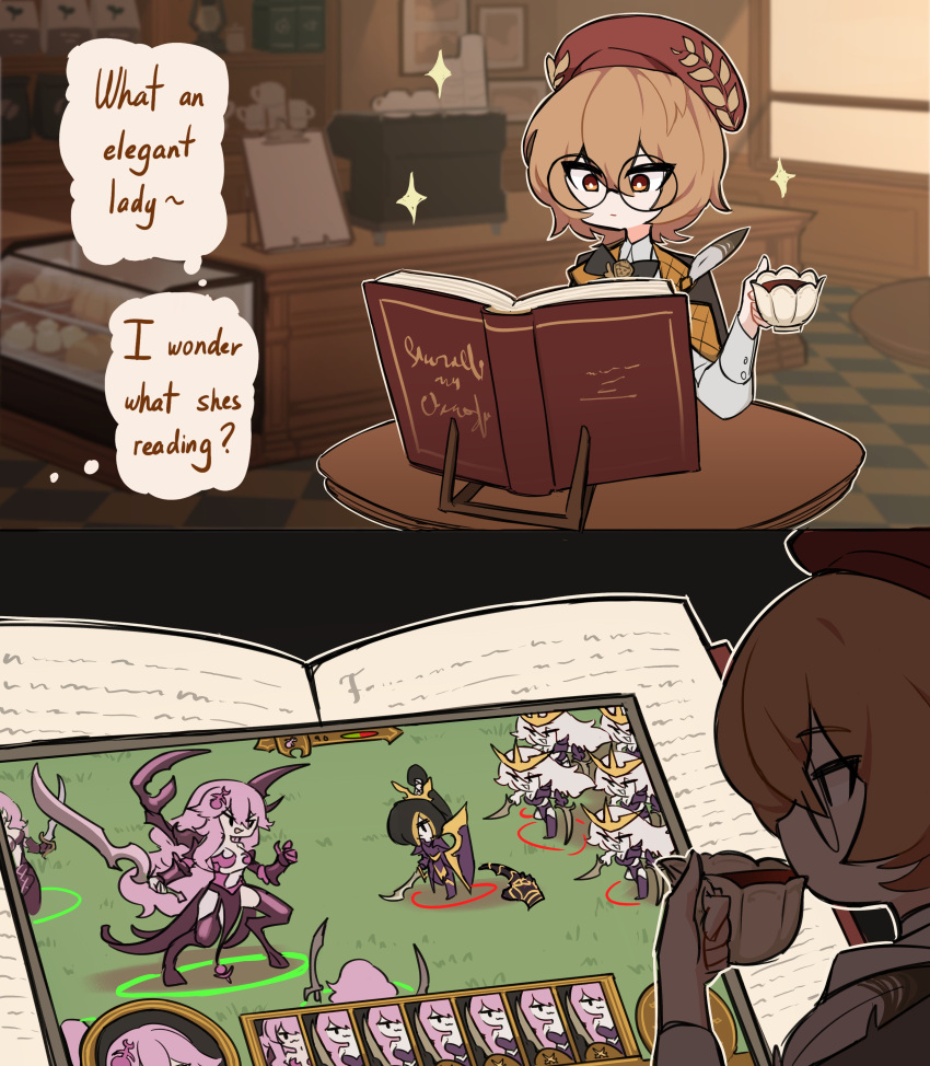 1girl, absurdres, beret, book, cafe, centurii-chan, clio_aite, commentary
