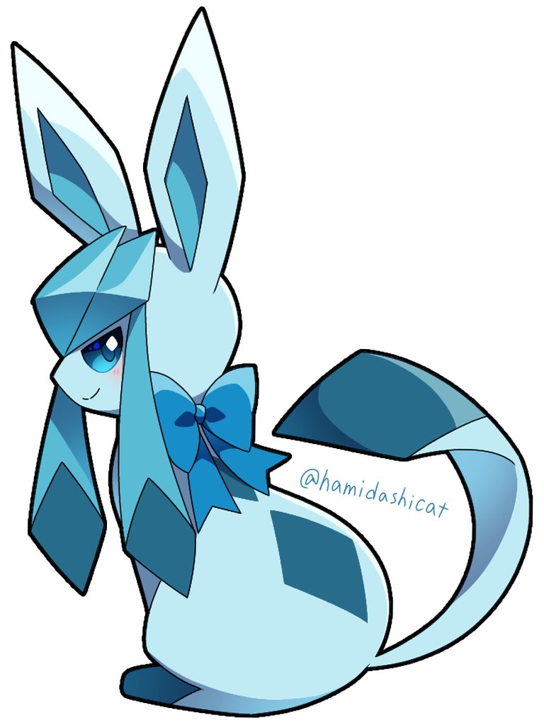 animal_focus, blue_bow, blue_eyes, blush, bow, commentary, full_body, glaceon