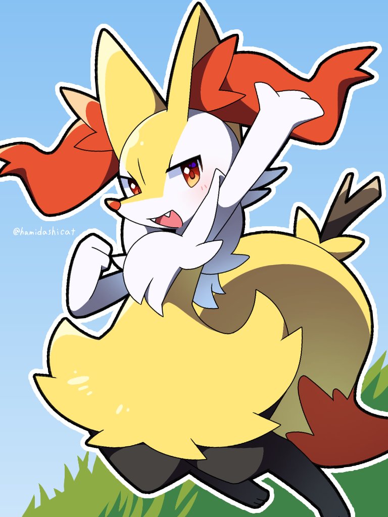 1other, blush, body_fur, braixen, commentary_request, fangs, furry, grass