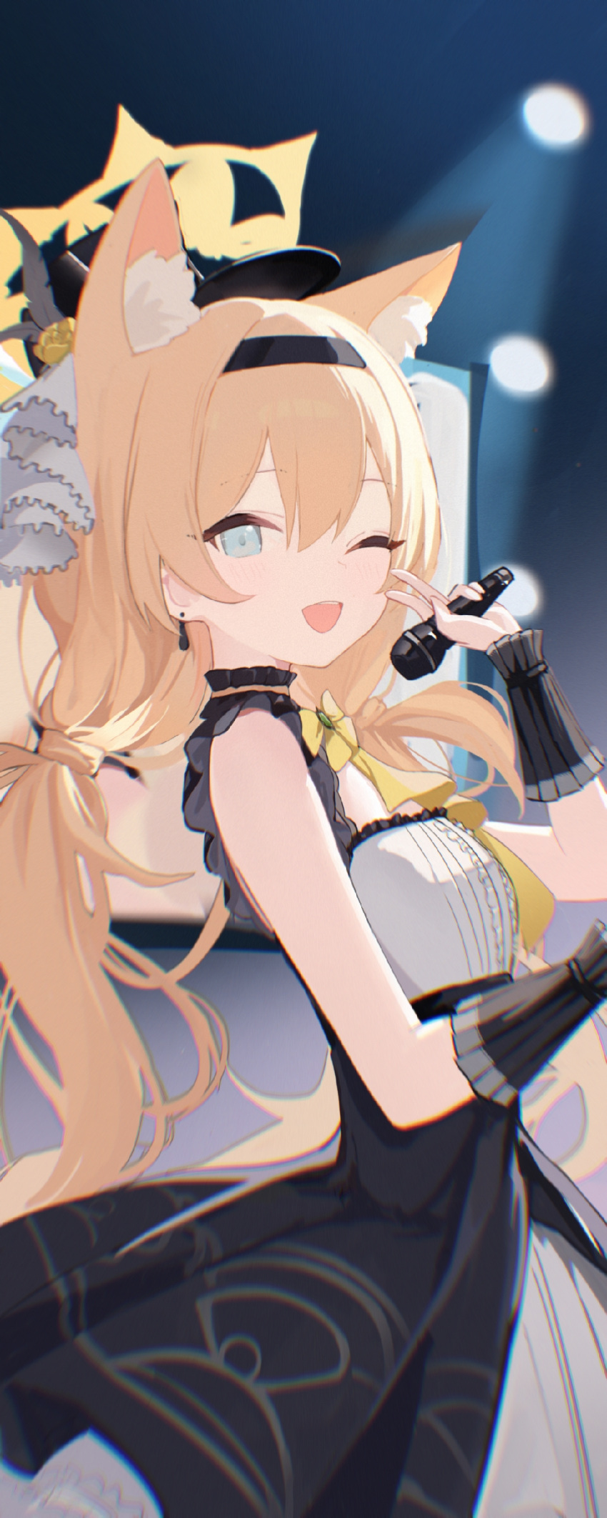 1girl, ;d, absurdres, animal_ear_fluff, animal_ears, aqua_eyes, black_choker, black_hairband, black_overskirt, black_wrist_cuffs, blue_archive, cat_ears, center_frills, chinese_commentary, choker, chromatic_aberration, commentary_request, double-parted_bangs, dress, earrings, flower, frilled_choker, frilled_dress, frills, grey_dress, grey_feathers, hair_between_eyes, hair_flower, hair_ornament, hairband, halo, hat, hat_feather, highres, holding, holding_microphone, idol_clothes, jewelry, long_hair, looking_at_viewer, low_twintails, mari_(blue_archive), mari_(idol)_(blue_archive), microphone, mini_hat, mini_top_hat, nyarnya, official_alternate_costume, one_eye_closed, open_mouth, orange_hair, overskirt, sleeveless, sleeveless_dress, smile, solo, stage_lights, teeth, top_hat, twintails, upper_teeth_only, v, very_long_hair, wrist_cuffs, yellow_flower, yellow_halo