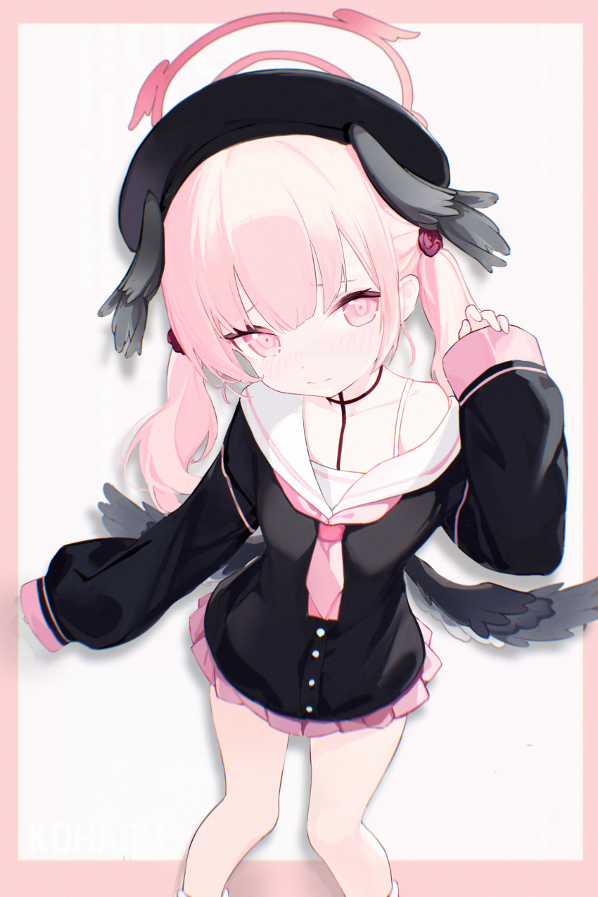 1girl, absurdres, beret, black_hat, black_shirt, black_wings, blue_archive, blush, body_markings, border, bra_strap, buttons, chinese_commentary, closed_mouth, collarbone, commentary_request, feathered_wings, feet_out_of_frame, flower, hair_flower, hair_ornament, halo, hand_up, hat, head_wings, highres, koharu_(blue_archive), long_hair, long_sleeves, looking_at_viewer, low_wings, miniskirt, mixed-language_commentary, multi-source_commentary, multiple_wings, neckerchief, nose_blush, nyarnya, outside_border, pink_border, pink_eyes, pink_hair, pink_halo, pink_neckerchief, pink_skirt, pleated_skirt, puffy_long_sleeves, puffy_sleeves, sailor_collar, school_uniform, serafuku, shirt, simple_background, single_bare_shoulder, single_off_shoulder, skirt, sleeves_past_wrists, socks, solo, twintails, white_sailor_collar, white_socks, wings