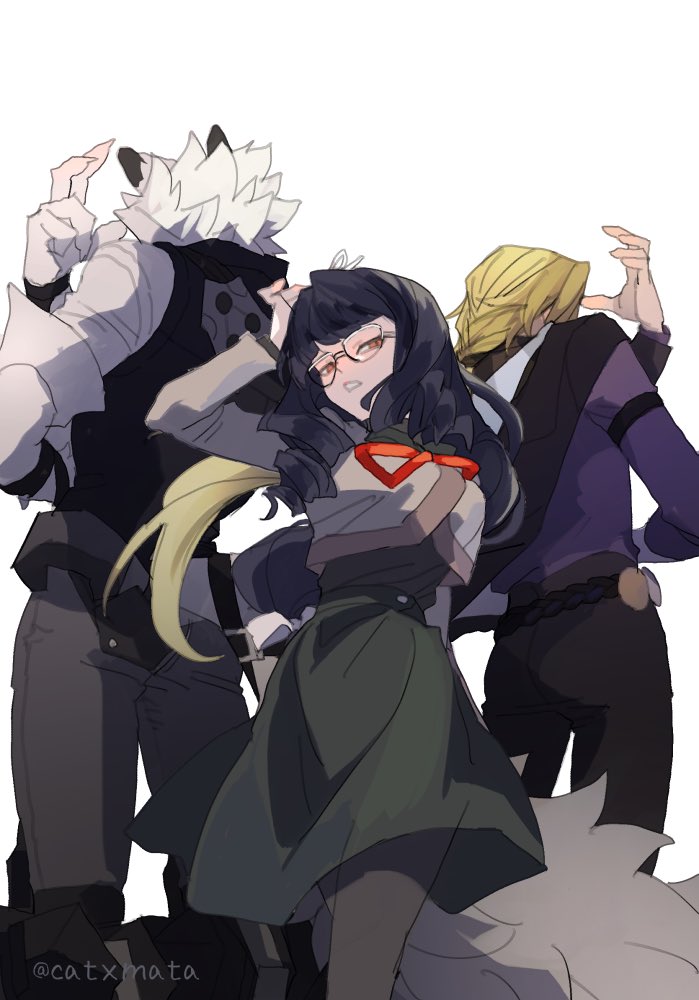 1girl, 2boys, animal_ears, black_hair, black_pants, black_pantyhose, black_skirt, blonde_hair