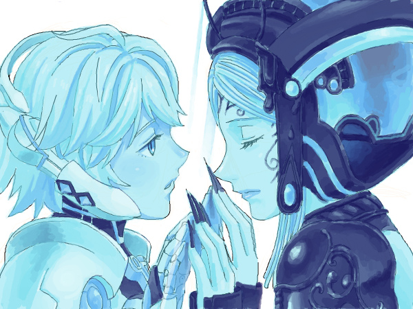 2019, 2girls, artist_request, blush, closed_eyes, closed_mouth, cyborg, facial_mark, fingernails, fiora_(xenoblade), imgur, jewelry, long_fingernails, long_hair, looking_at_another, mecha-fiora, mechabare, mechanical_arms, mechanical_hands, meyneth_(xenoblade), monochrome, monolith_soft, multiple_girls, nintendo, sad, short_hair, white_background, xenoblade_chronicles_(series), xenoblade_chronicles_1