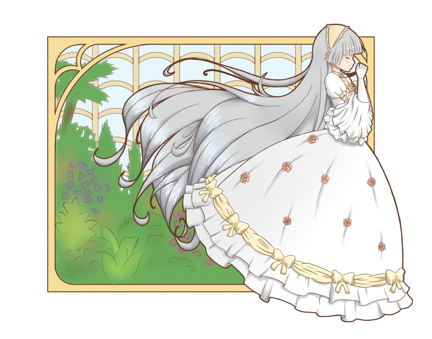 dress, eyes_closed, flower, frills, gosick, hairband, hands_clasped, highres, jakly, jewelry, lolita_fashion, long_hair, necklace, profile, silver_hair, solo, spoilers, very_long_hair, victorica_de_blois