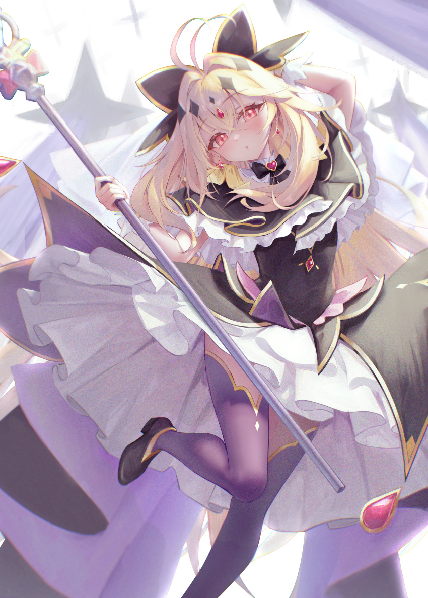 1girl, absurdres, antenna_hair, arm_behind_head, black_bow, black_bowtie, black_capelet, black_shoes