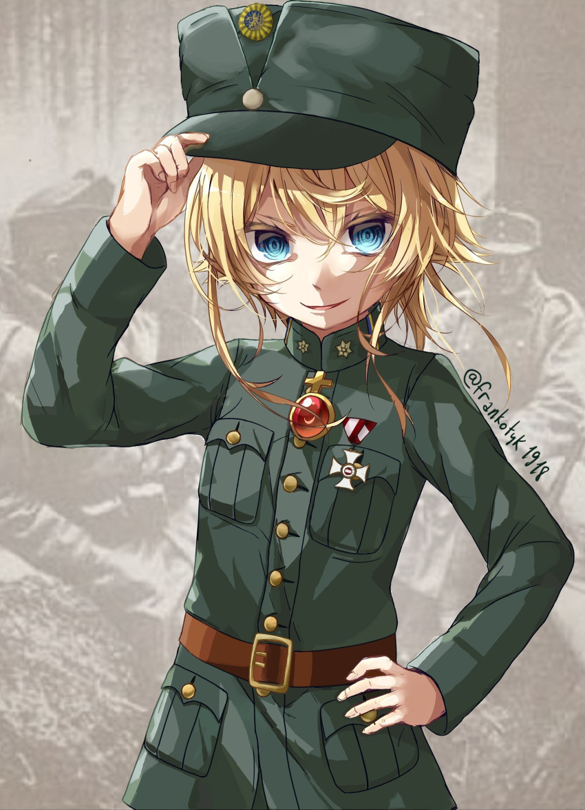 1girl, adjusting_clothes, adjusting_headwear, army, artist_name, belt, blonde_hair, blue_eyes