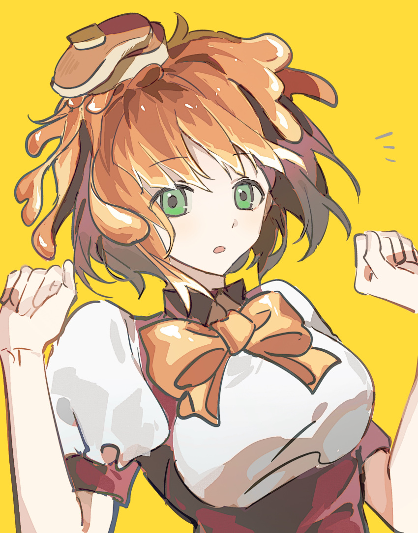 1girl, absurdres, bow, bowtie, brown_hair, clenched_hands, food, food_on_head