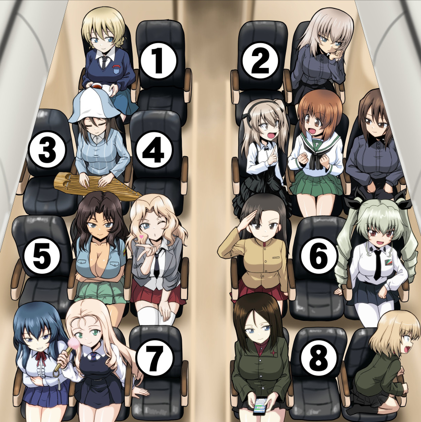 6+girls, absurdres, airplane_interior, anchovy_(girls_und_panzer), anzio_school_uniform, aoshidan_school_uniform, arms_under_breasts, bc_freedom_school_uniform, black_hair, black_shirt, blonde_hair, blowing_kiss, blue_eyes, blue_hair, breasts, brown_eyes, brown_hair, cellphone, chi-hatan_school_uniform, commentary, cup, darjeeling_(girls_und_panzer), dress, eclair_(girls_und_panzer), el_(girls_und_panzer), from_above, girls_und_panzer, girls_und_panzer_gekitou!_maginot-sen_desu!!, girls_und_panzer_saishuushou, green_eyes, grey_hair, hair_intakes, hat, highres, holding, holding_cup, holding_phone, instrument, itsumi_erika, kamishima_kanon, kantele, katyusha_(girls_und_panzer), kay_(girls_und_panzer), kuromorimine_school_uniform, large_breasts, looking_at_viewer, maginot_school_uniform, marie_(girls_und_panzer), medium_breasts, meme, mika_(girls_und_panzer), miniskirt, multiple_girls, music, necktie, nishi_kinuyo, nishizumi_maho, nishizumi_miho, no_legwear, nonna_(girls_und_panzer), ooarai_school_uniform, pantyhose, phone, pinafore_dress, playing_instrument, pravda_school_uniform, revision, sailor_collar, salute, saunders_school_uniform, school_uniform, shimada_arisu, shirt, sitting, skirt, sleeveless, sleeveless_dress, smartphone, st._gloriana's_school_uniform, teacup, thigh-highs, thighs, where_are_you_sitting_(meme), white_shirt, white_thighhighs, zettai_ryouiki