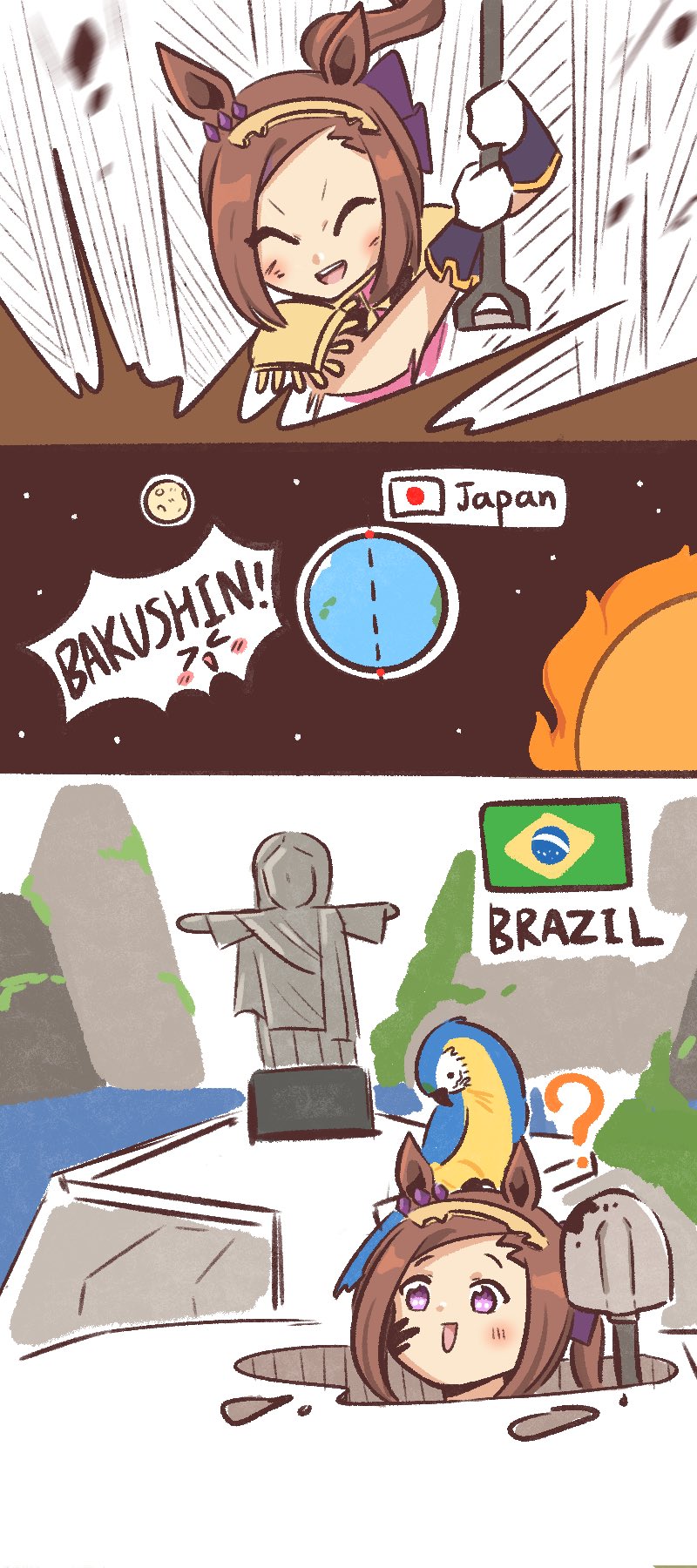 1girl, ?, animal_ears, bird, blue-and-yellow_macaw, brazil, brazilian_flag, brown_hair