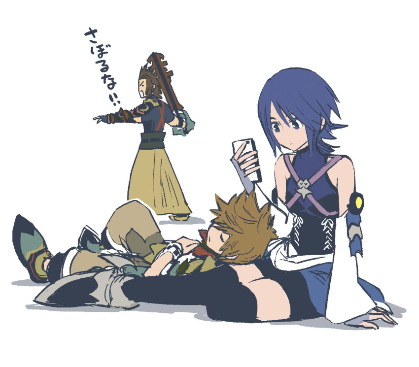 1girl, 2boys, amano_shiro, aqua_(kingdom_hearts), bare_shoulders, black_thighhighs, blue_eyes, blue_hair