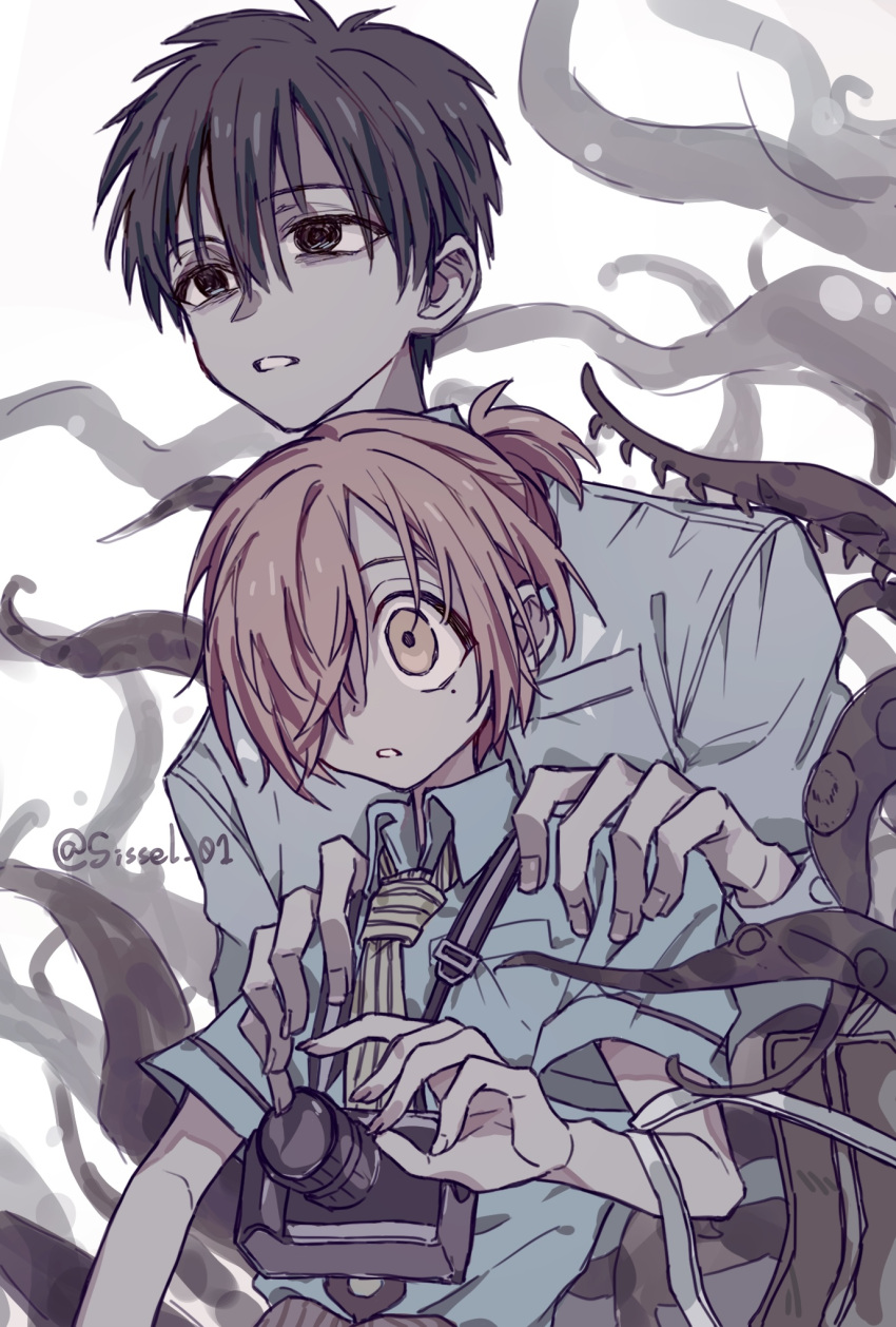 2boys, black_eyes, black_hair, blue_shirt, breast_pocket, camera, camera_around_neck, chinese_commentary
