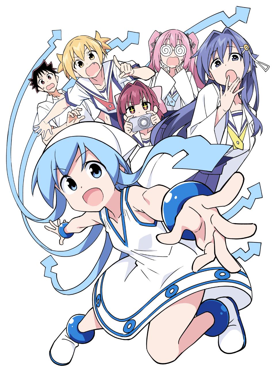 1boy, 5girls, @_@, anbe_masahiro, atsumare!_fushigi_kenkyuubu, black_hair, blonde_hair, brown_eyes