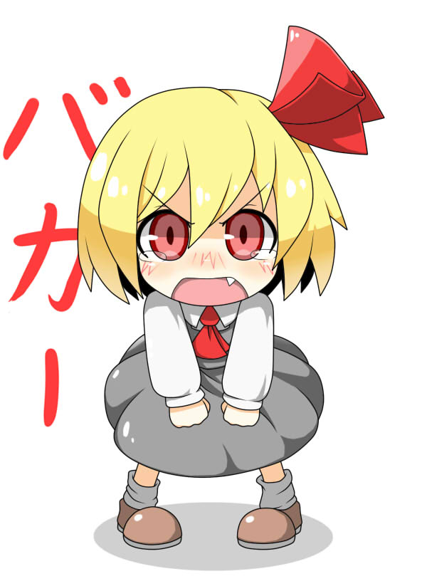 angry, ascot, blonde_hair, blush, dress, fang, hair_ribbon, hecchi_(blanch)