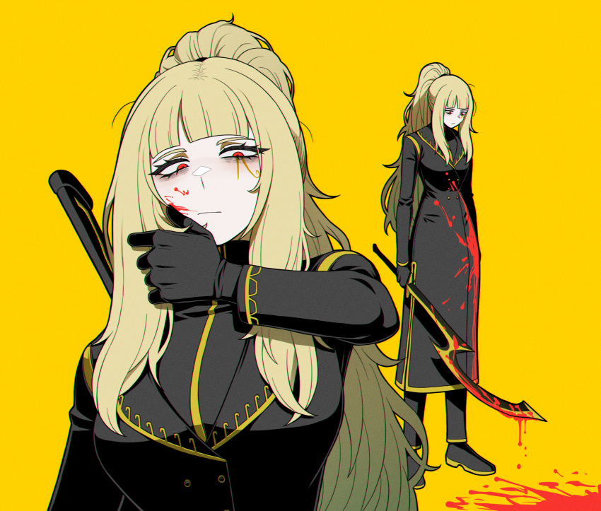 1girl, bags_under_eyes, black_gloves, blonde_hair, blood, blood_on_clothes, blood_on_face, blood_on_weapon