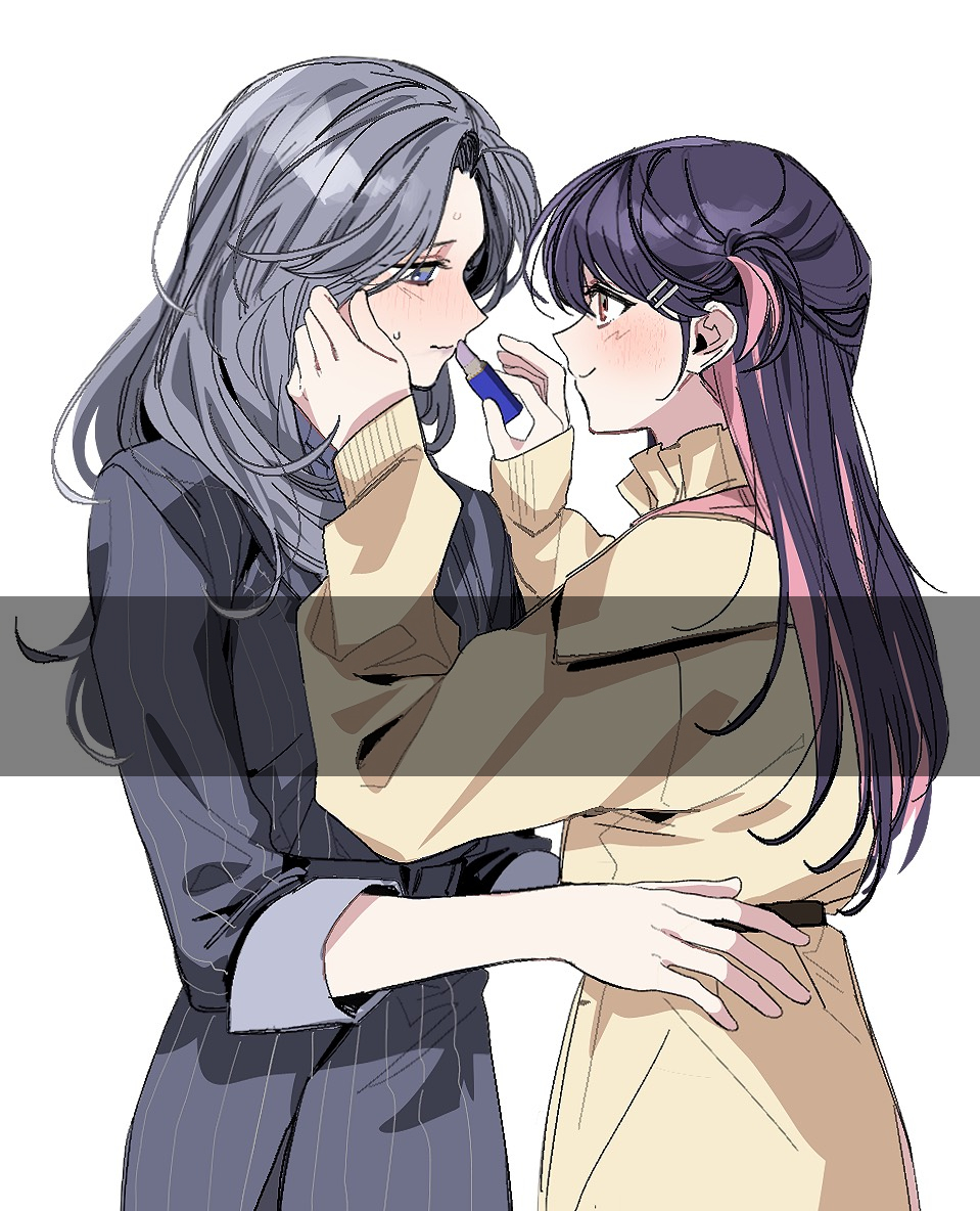2girls, applying_another's_makeup, applying_lipstick, applying_makeup, art_trade, blue_dress, commentary_request, cowboy_shot, dress, from_side, grey_hair, hair_ornament, hairclip, hand_on_another's_back, hand_on_another's_cheek, hand_on_another's_face, jacket, korean_commentary, long_hair, long_sleeves, love_curse:_find_your_soulmate, multicolored_hair, multiple_girls, nutella_1231, one_side_up, pink_hair, pinstripe_dress, pinstripe_pattern, profile, purple_hair, purple_lips, purple_lipstick_tube, selene_yan, simple_background, sleeves_past_elbowss, smile, two-tone_hair, victoria_qi, white_background, yellow_jacket, yuri