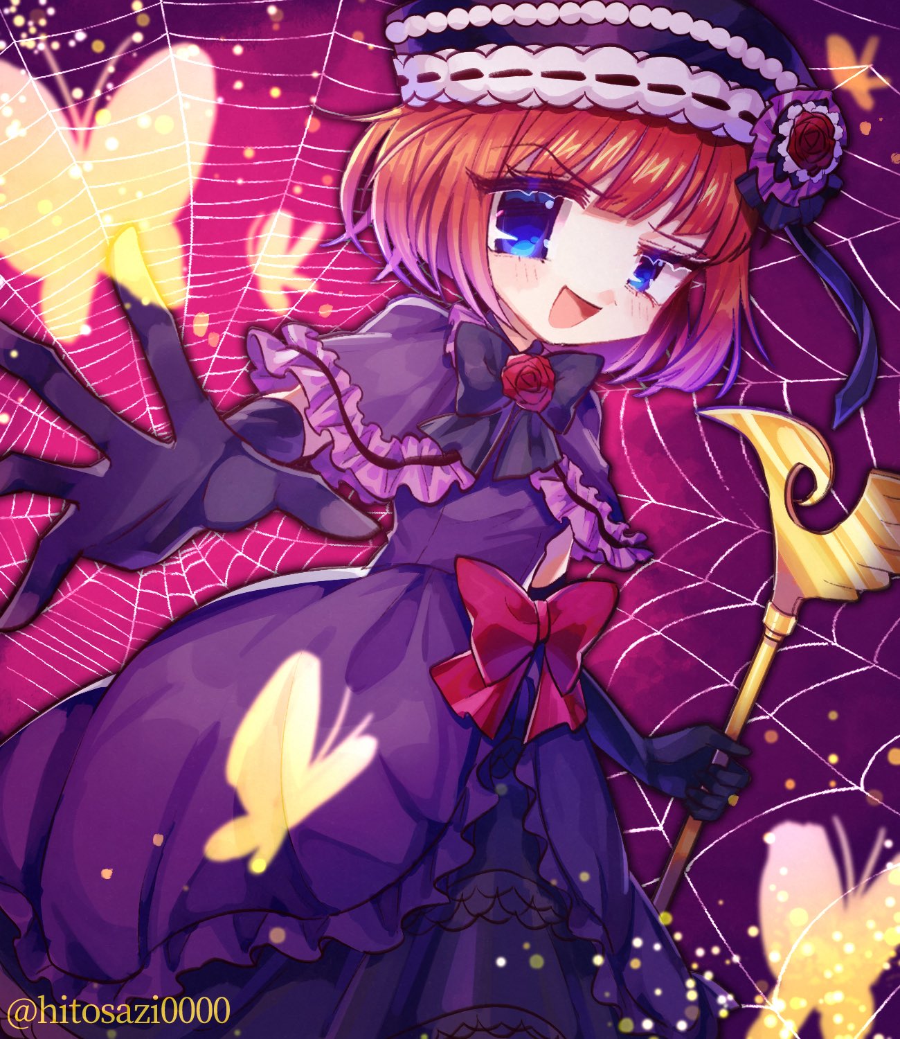 1girl, beret, black_bow, black_gloves, black_hat, black_skirt, blue_eyes, bob_cut