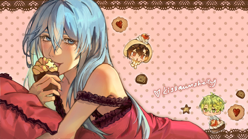 3boys, alternate_costume, androgynous, arm_support, backlighting, bare_shoulders, bishounen, black_lace_trim