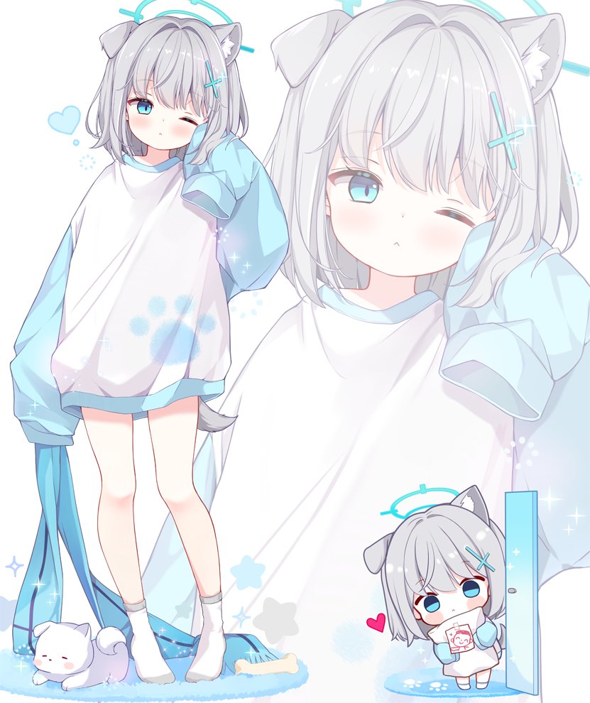 1girl, ;<, animal_ear_fluff, animal_ears, blue_archive, blue_eyes, blue_halo, blue_sleeves