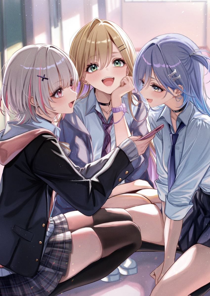 3girls, arm_support, asumi_sena, black_socks, black_thighhighs, blonde_hair, blue_hair, bone_hair_ornament