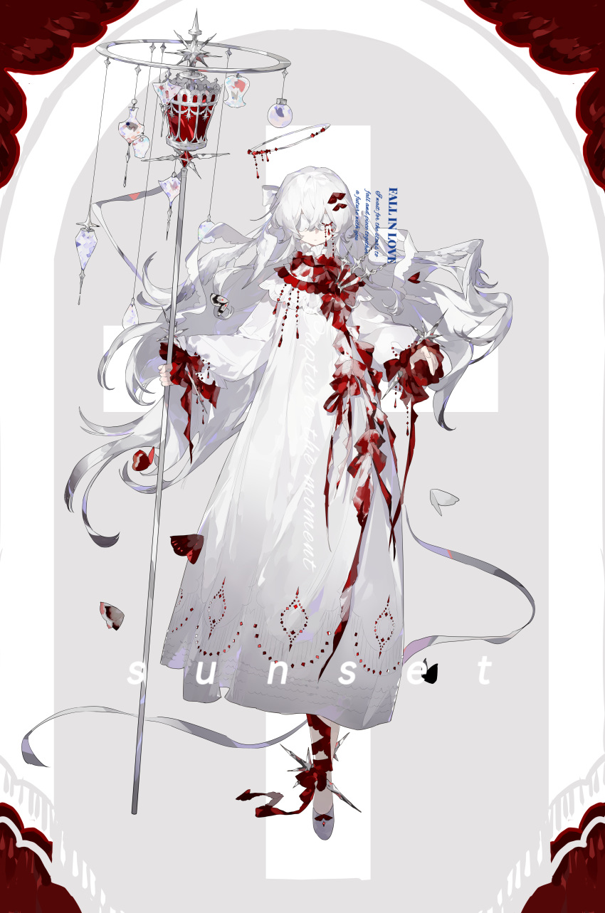 1girl, absurdres, angel_wings, ankle_ribbon, arch, blood, blood_on_clothes, blood_stain