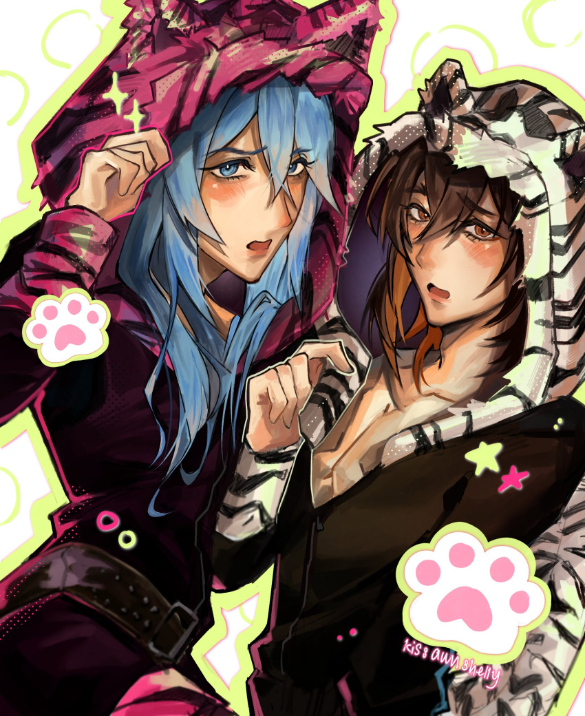 2boys, adjusting_clothes, adjusting_headwear, alternate_costume, animal_ear_hood, animal_ears, animal_print, arched_back