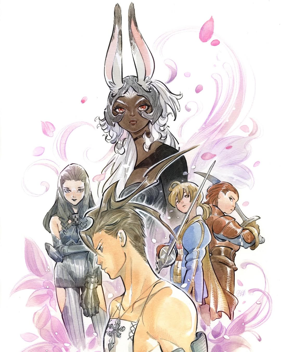 2girls, 3boys, ahoge, animal_ears, antenna_hair, armor, ashley_riot, back-to-back