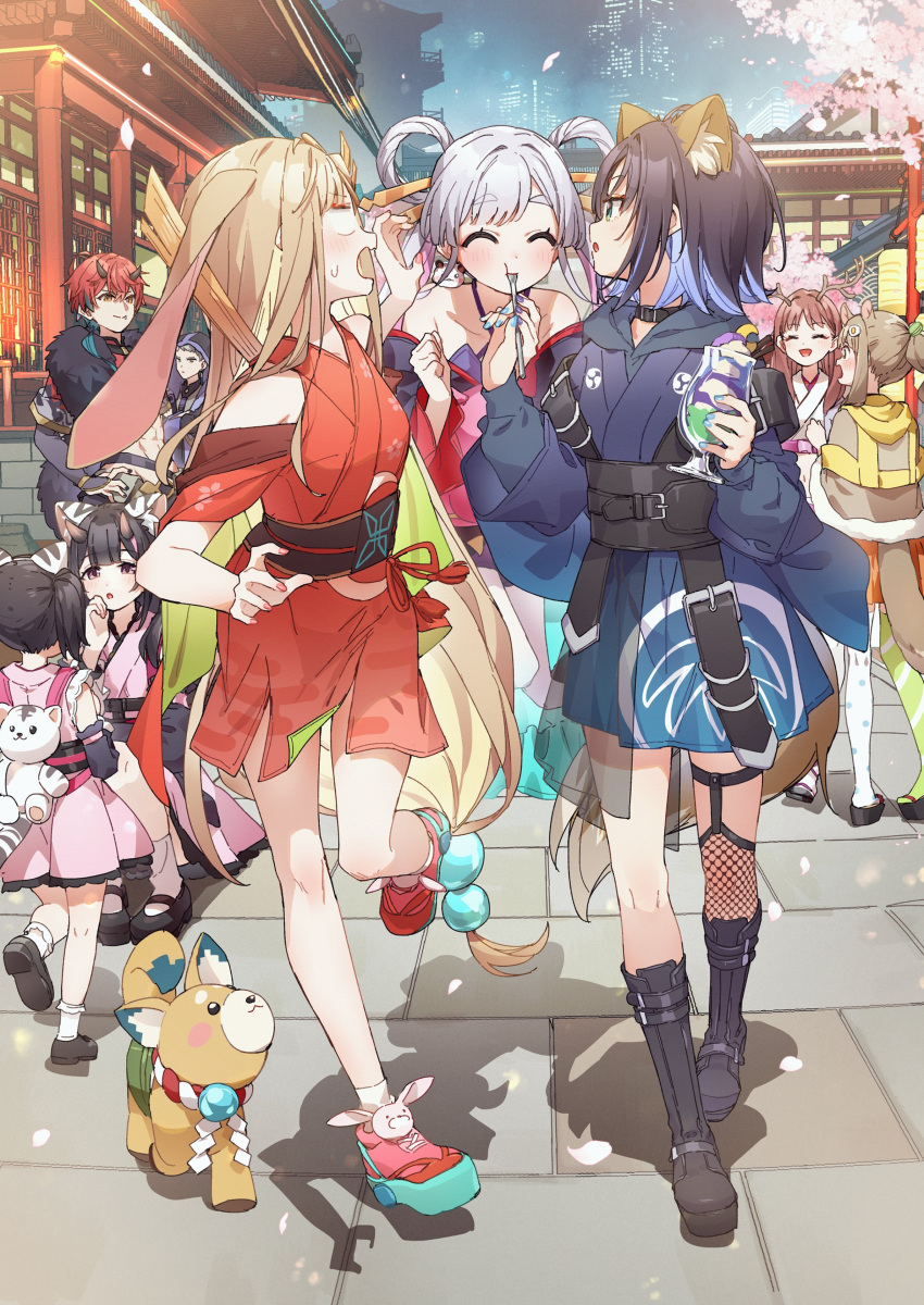 2boys, 6+girls, absurdres, ayatsumugi_roka, bare_shoulders, black_hair, blonde_hair, blue_hair