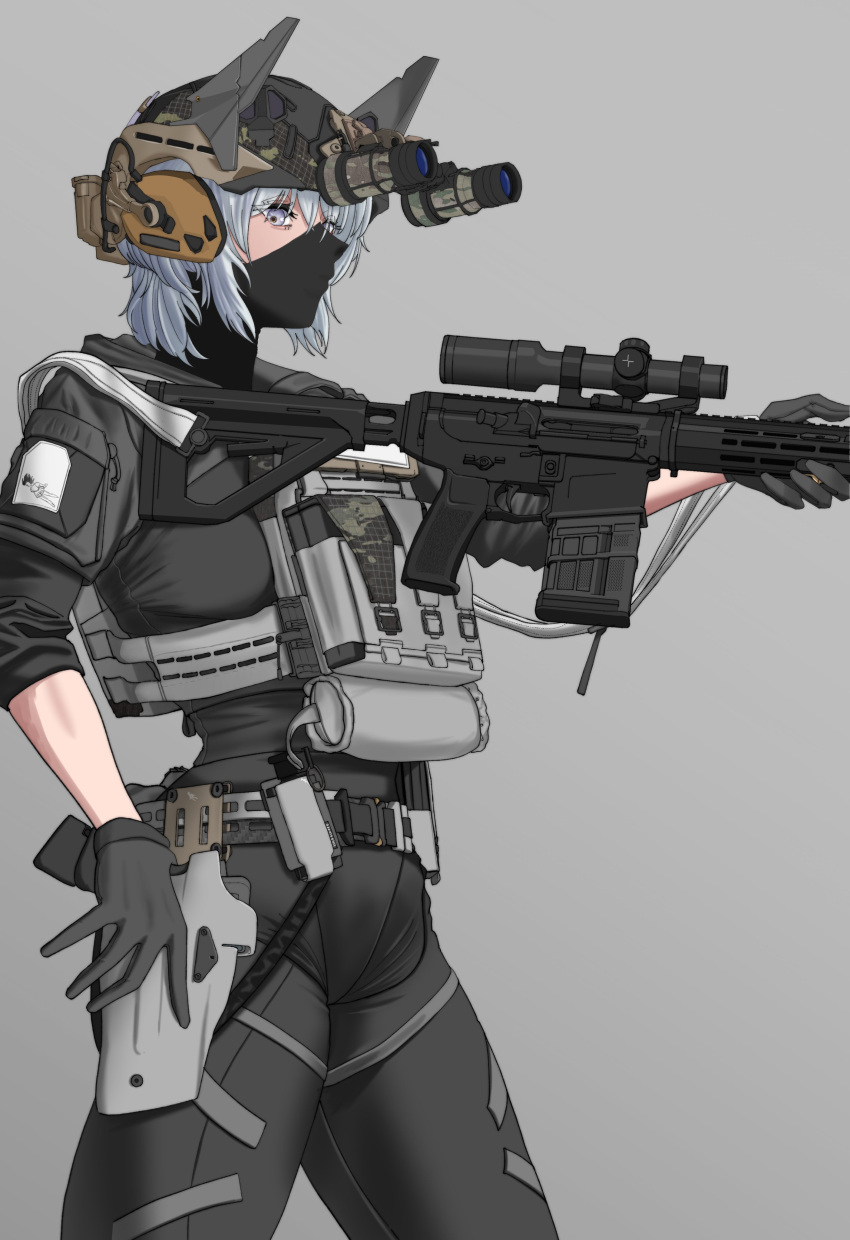 absurdres, black_gloves, black_pants, black_shirt, cat_hair_ornament, chest_rig, combat_helmet, gloves