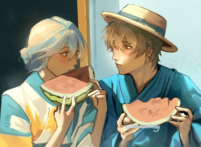 2boys, absurdres, alternate_costume, blue_eyes, blue_hair, blue_kimono, blue_ribbon, blush