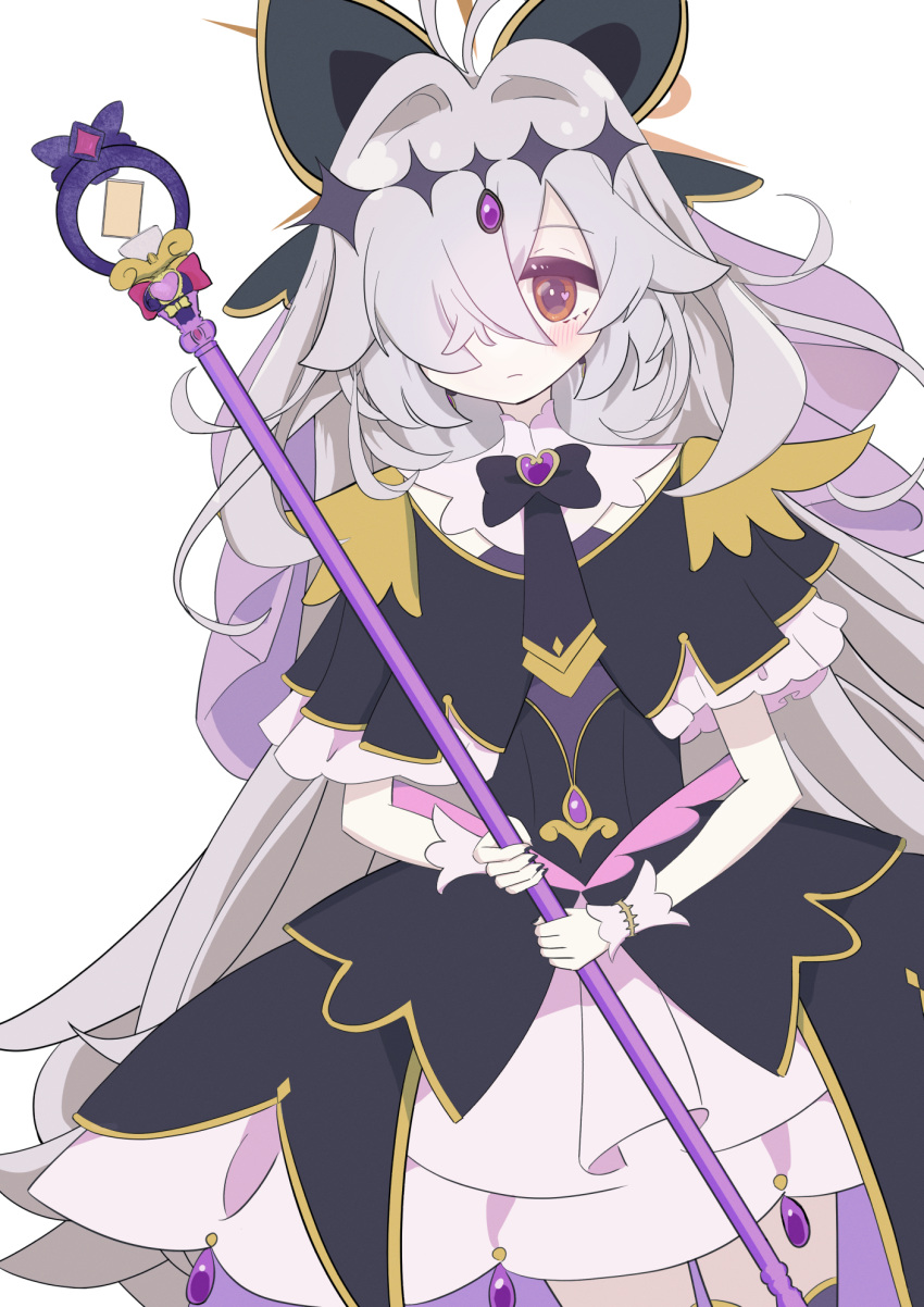 1girl, alternate_costume, antenna_hair, back_bow, black_bow, black_bowtie, black_capelet, black_dress
