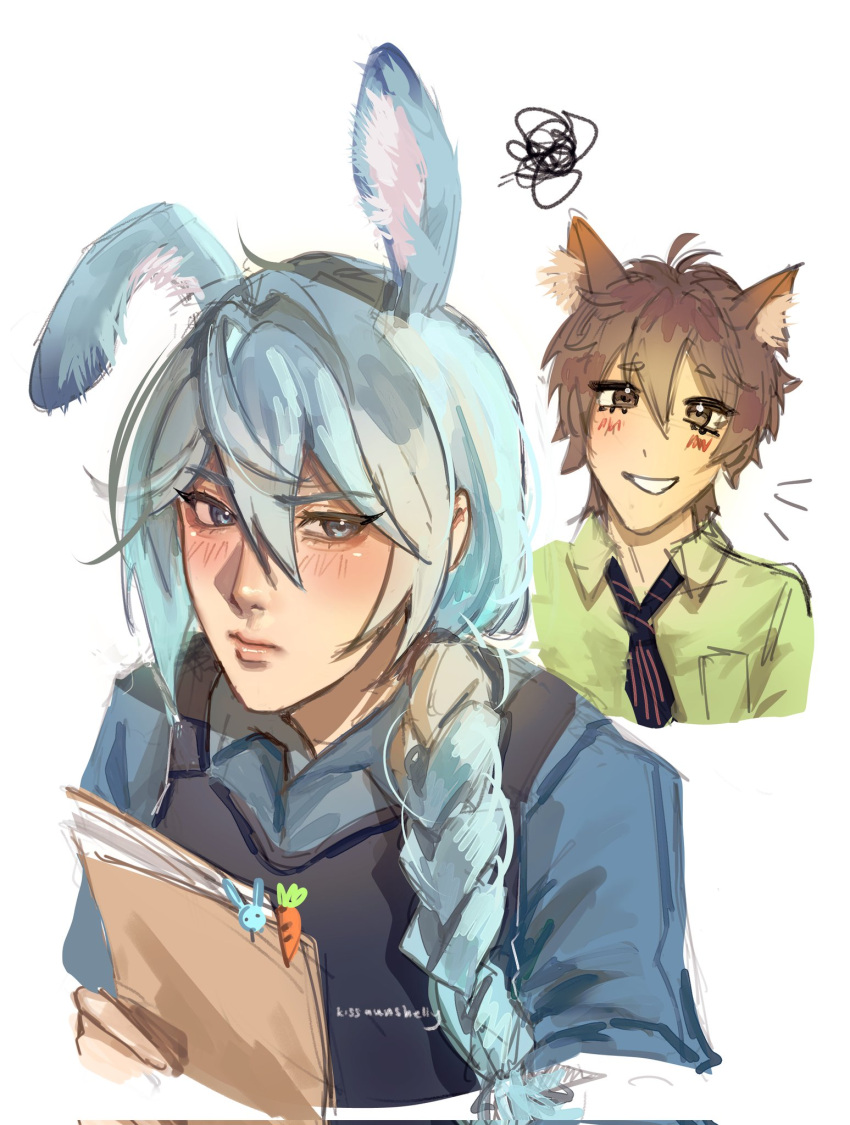 2boys, animal_ear_fluff, animal_ears, blue_eyes, blue_hair, blue_shirt, blush, braid