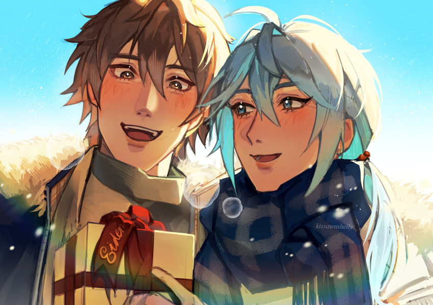 2boys, :d, ahoge, alternate_costume, backlighting, blue_coat, blue_eyes, blue_hair, blue_scarf, blue_sky, blush, box, breath, brown_eyes, brown_hair, christmas_present, coat, day, edmond_(nu_carnival), eiden_(nu_carnival), fur-trimmed_coat, fur_trim, gift, gift_box, grey_scarf, hair_between_eyes, hair_over_shoulder, happy, highres, holding, holding_gift, implied_yaoi, kissawnshelly, long_hair, looking_at_another, looking_at_object, low_ponytail, male_focus, multiple_boys, nu_carnival, outdoors, ponytail, scarf, short_hair, single_hair_intake, sky, smile, snowing, teeth, twitter_username, upper_teeth_only