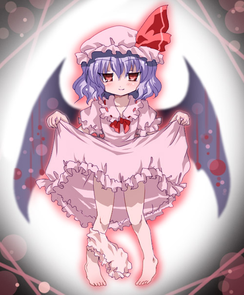 barefoot, bat_wings, bloomers, bloomers_around_one_leg, blue_hair, dress, dress_lift, feet, hat, hizukiryou, purple_hair, red_eyes, remilia_scarlet, solo, touhou, wings