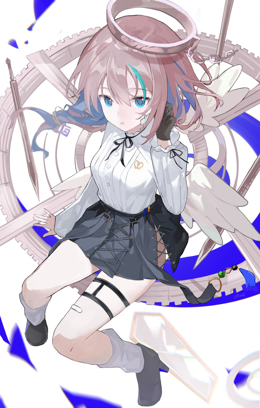 1girl, absurdres, angel_wings, arcaea, ass_cutout, bandage_on_face, bandages, bandaid
