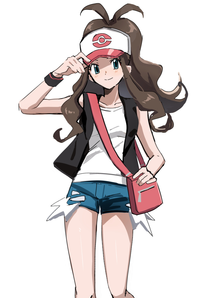 1girl, absurdres, bag, baseball_cap, black_vest, blue_eyes, blue_shorts, blush, breasts, brown_hair, closed_mouth, collarbone, commentary_request, denim, denim_shorts, exposed_pocket, hat, high_ponytail, highres, hilda_(pokemon), kairi0w0, long_hair, looking_at_viewer, open_clothes, open_vest, poke_ball_print, pokemon, pokemon_bw, ponytail, shirt, shorts, shoulder_bag, sidelocks, simple_background, small_breasts, smile, solo, vest, white_background, white_shirt, wristband