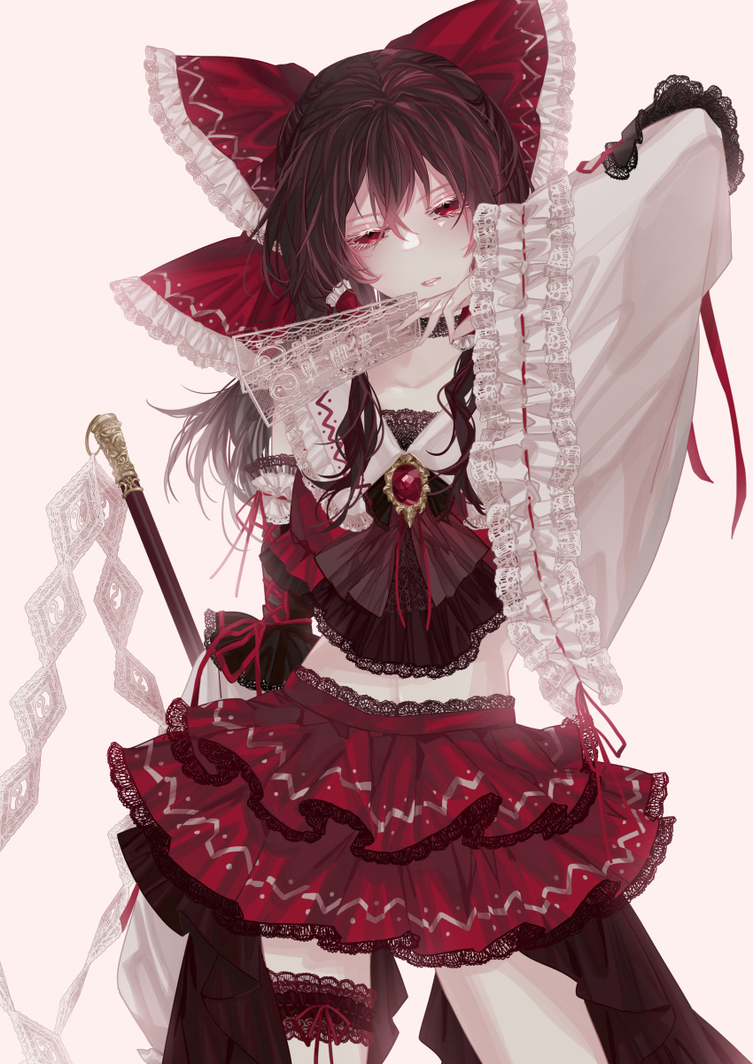 1girl, absurdres, adapted_costume, ascot, between_fingers, bow, brown_hair, commentary