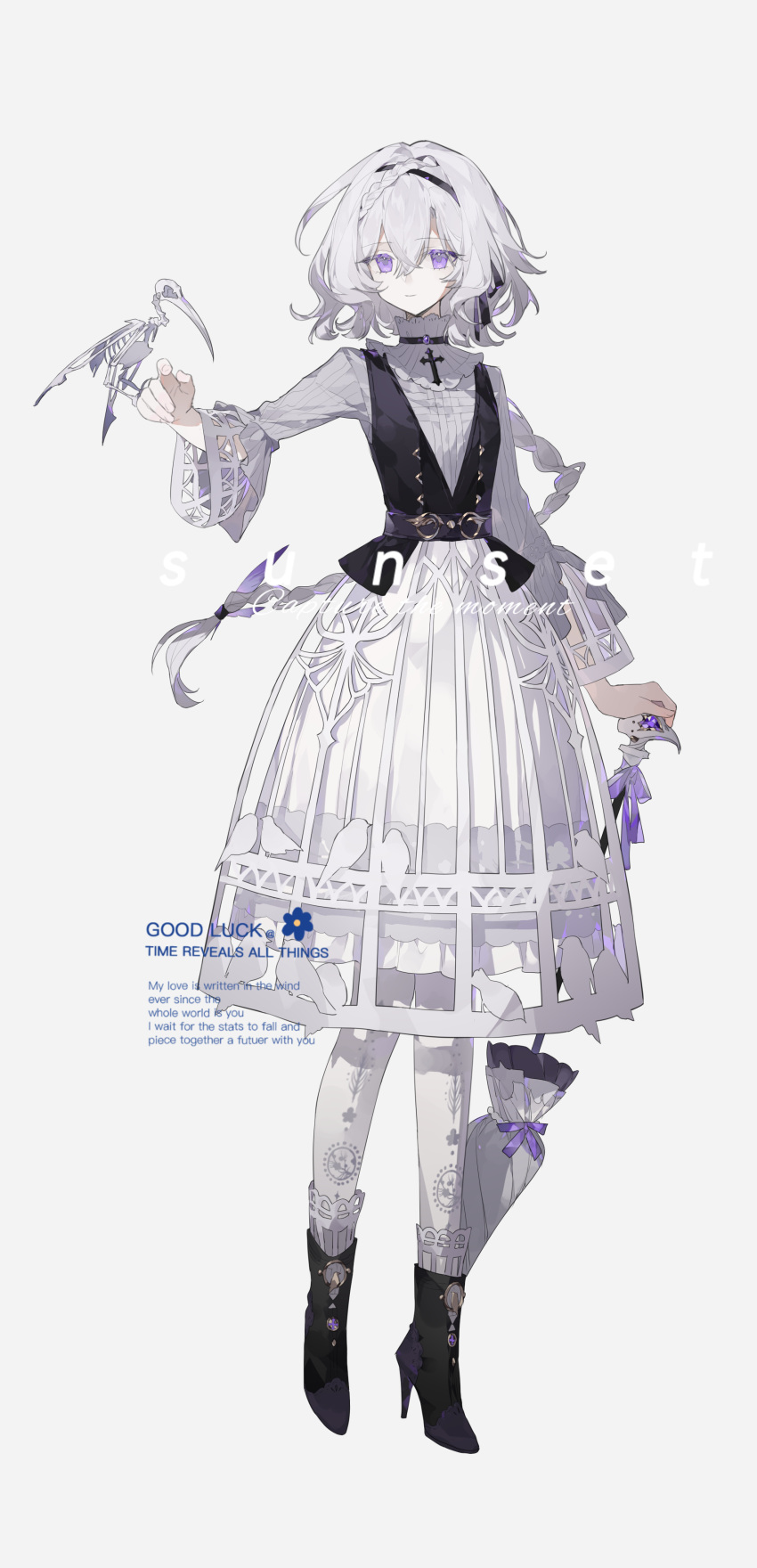 1girl, absurdres, bird_skeleton, black_boots, boots, braid, closed_mouth, cross