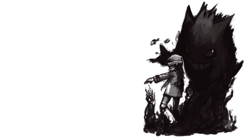 beanie, gengar, gianoa, hat, hikari_(pokemon), hikari_(pokemon)_(remake), long_hair, monochrome