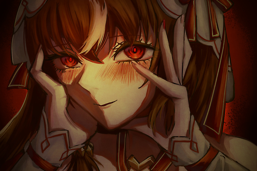 1girl, blush, brown_hair, closed_mouth, commentary_request, hair_between_eyes, hands_on_own_face, highres