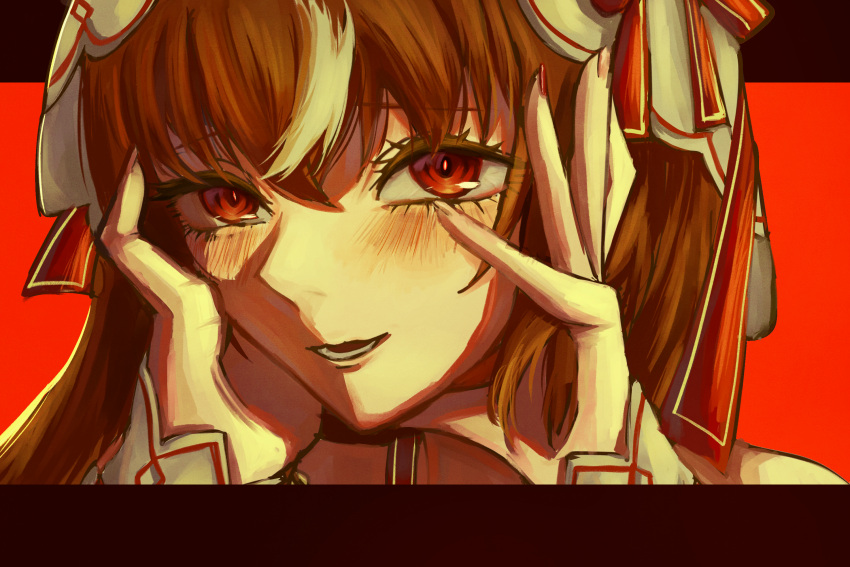 1girl, blush, brown_hair, commentary_request, hair_between_eyes, hands_on_own_face, highres, looking_at_viewer