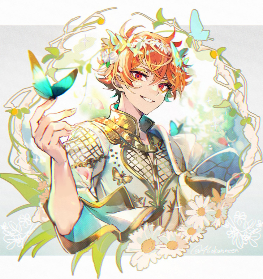 1boy, ace_trappola, ace_trappola_(gala_couture), bug, butterfly, butterfly_on_hand, flower, head_tilt, head_wreath, highres, leaf, looking_at_viewer, male_focus, messy_hair, red_eyes, red_hair, smile, solo, tawan_(46okuneeen), teeth, twisted_wonderland, watermark, white_flower