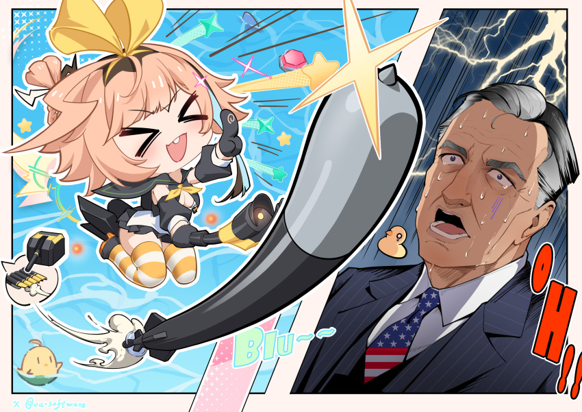 >_<, 1girl, :d, absurdres, american_flag, american_flag_print, azur_lane, black_gloves