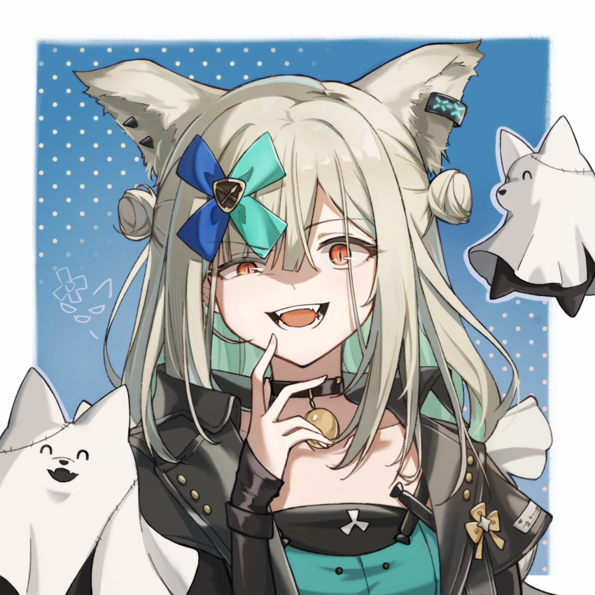 1girl, ^_^, animal_ear_fluff, arknights, black_choker, black_jacket, blue_background, blunt_bangs
