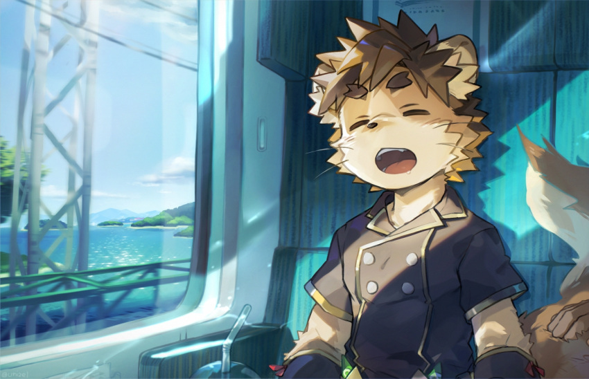 1boy, animal_ears, closed_eyes, drinking_straw, drooling, furry, furry_male, hand_on_another's_tail