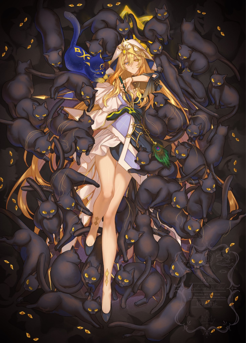 1girl, bare_legs, black_cat, blonde_hair, blue_cat, boin_burin, cat, cat_teaser